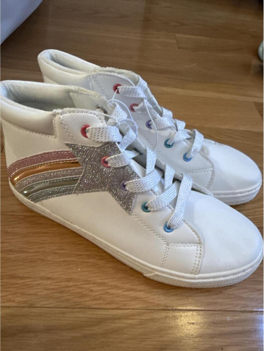Girls White High-Top Glitter Star Sneakers Size 5